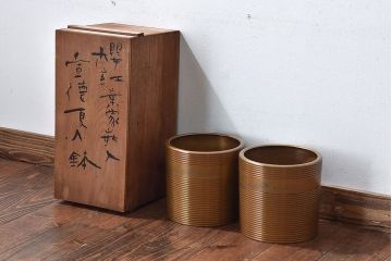 アンティーク雑貨　大正〜昭和初期　桜紅葉象嵌宣徳真鍮火鉢一対
