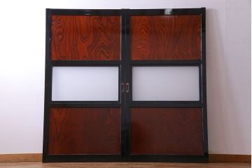 昭和期　ケヤキ材の杢目が存在感を放つガラス帯戸(引き戸、建具)2枚セット