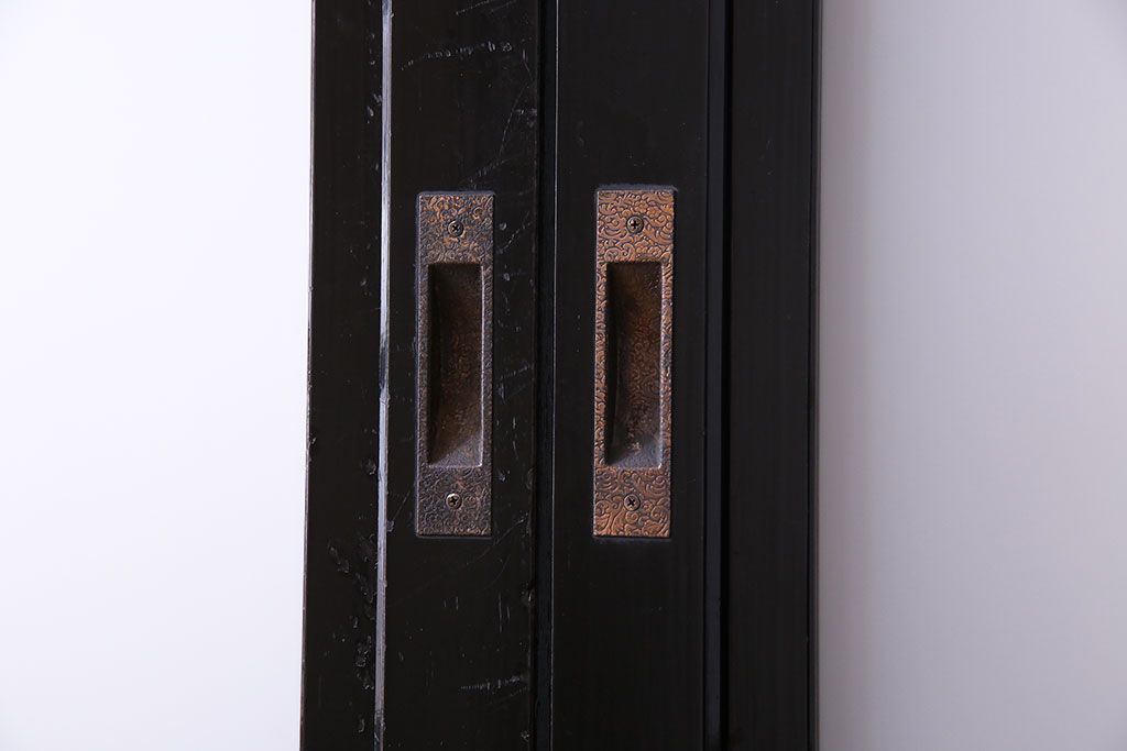 昭和期　ケヤキ材の杢目が存在感を放つガラス帯戸(引き戸、建具)2枚セット