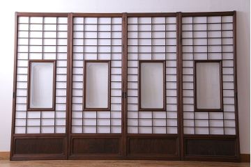 和製アンティーク　シックなデザインの縦額障子戸(引き戸、建具)4枚セット