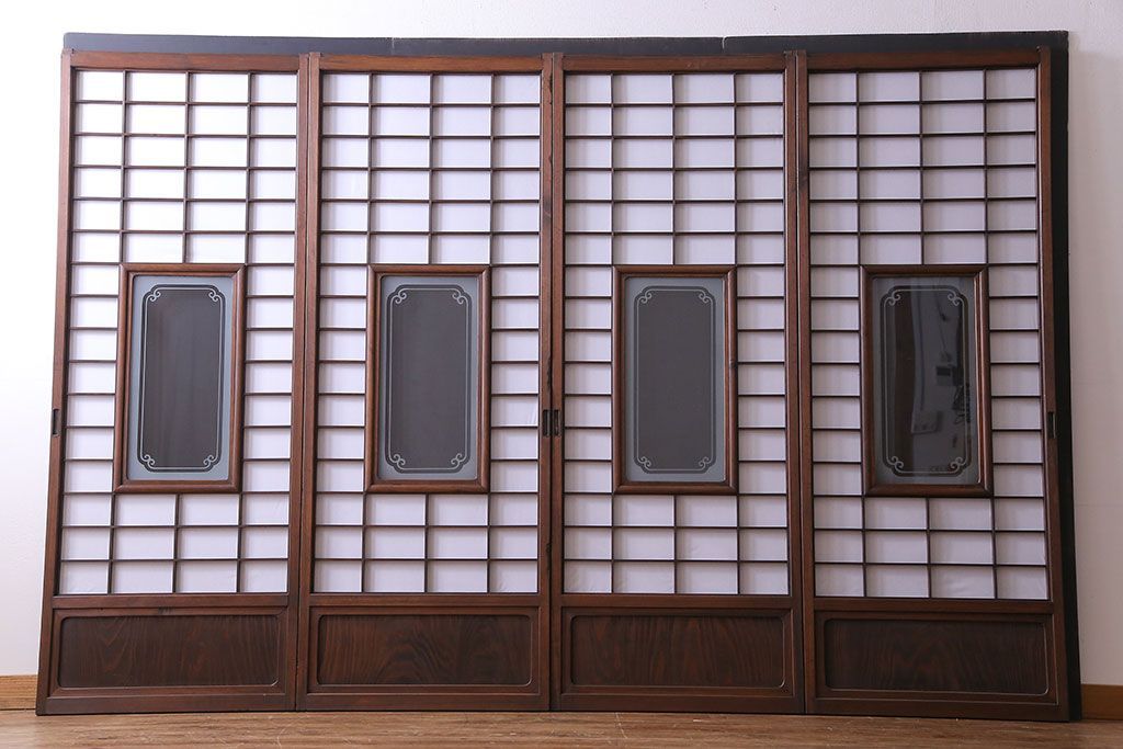 和製アンティーク　シックなデザインの縦額障子戸(引き戸、建具)4枚セット