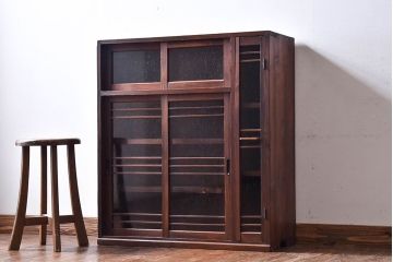 アンティーク家具　和製アンティーク　気泡ガラスがおしゃれな収納棚(下駄箱、戸棚、本箱)