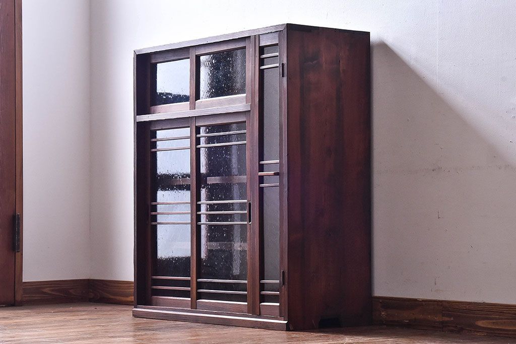 アンティーク家具　和製アンティーク　気泡ガラスがおしゃれな収納棚(下駄箱、戸棚、本箱)