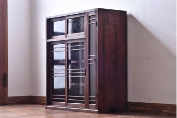アンティーク家具　和製アンティーク　気泡ガラスがおしゃれな収納棚(下駄箱、戸棚、本箱)