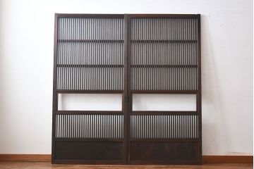 和製アンティーク　和モダンなガラス入り格子戸(引き戸、建具)2枚セット
