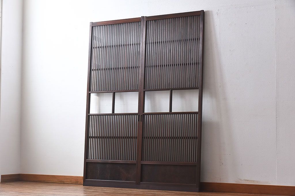 和製アンティーク　和モダンな雰囲気漂う細身のガラス帯格子戸(引き戸、建具)2枚セット