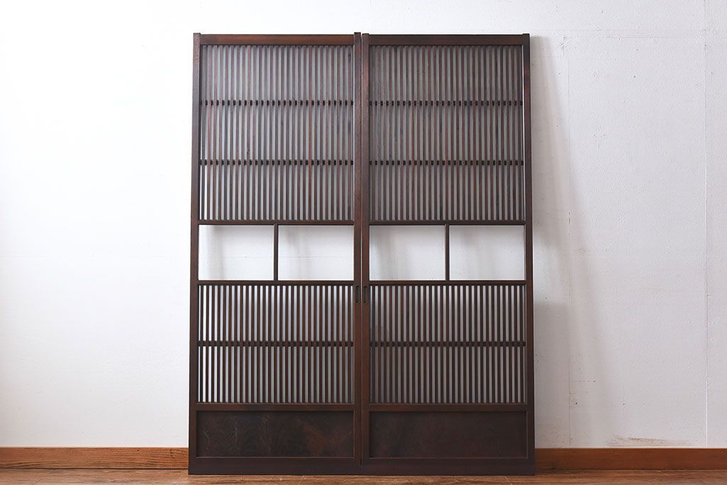 和製アンティーク　和モダンな雰囲気漂う細身のガラス帯格子戸(引き戸、建具)2枚セット