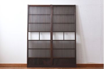 和製アンティーク　和モダンな雰囲気漂う細身のガラス帯格子戸(引き戸、建具)2枚セット