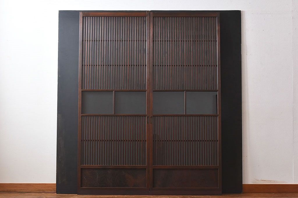 和製アンティーク　和モダンな雰囲気漂う細身のガラス帯格子戸(引き戸、建具)2枚セット