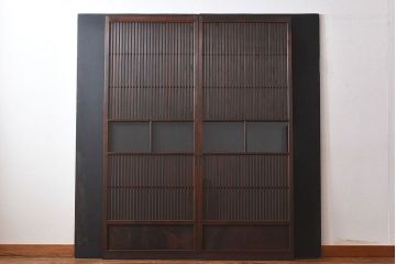 和製アンティーク　和モダンな雰囲気漂う細身のガラス帯格子戸(引き戸、建具)2枚セット