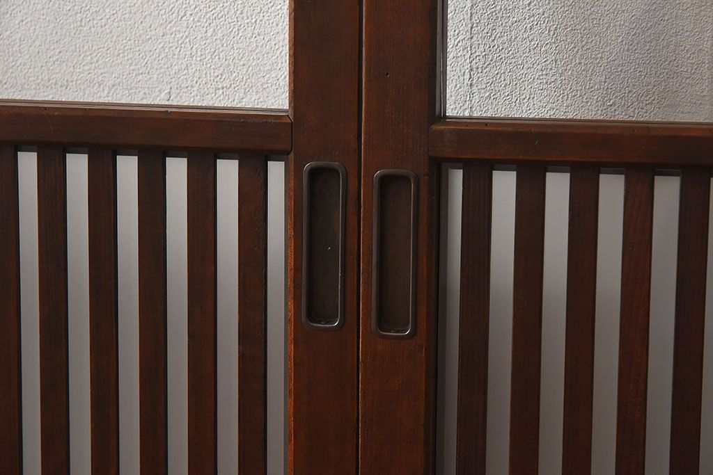 和製アンティーク　和モダンな雰囲気漂う細身のガラス帯格子戸(引き戸、建具)2枚セット