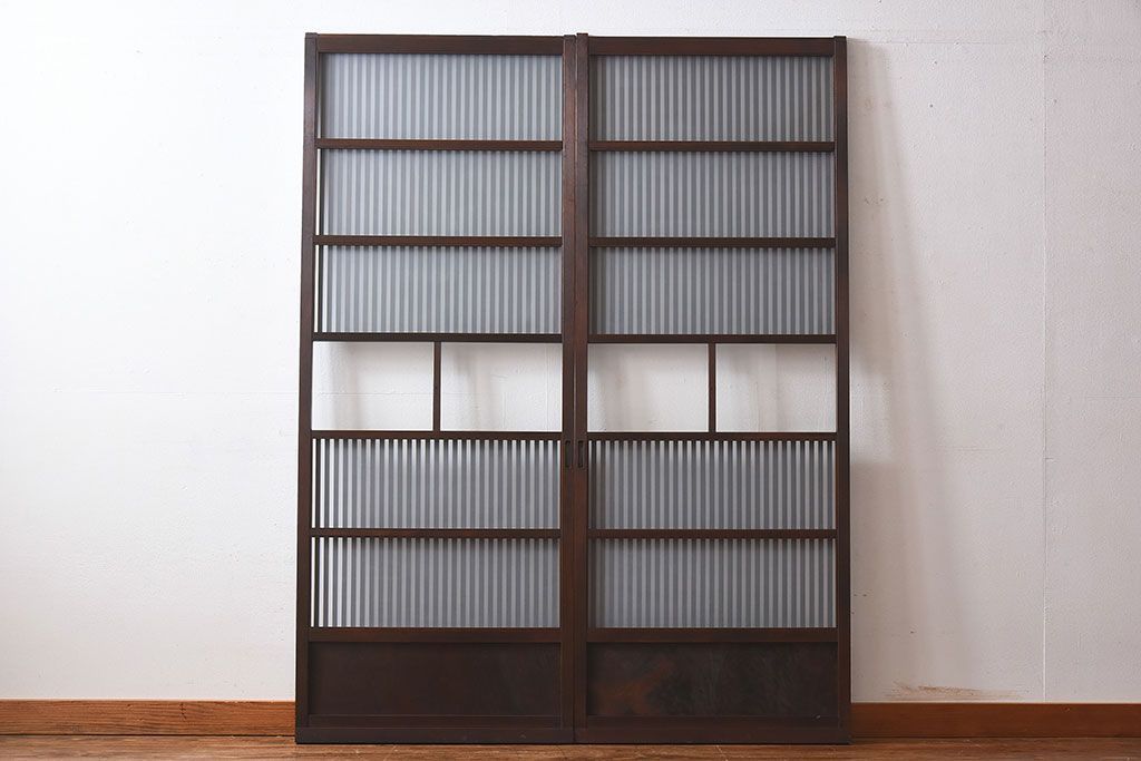 和製アンティーク　和モダンな雰囲気漂う細身のガラス帯格子戸(引き戸、建具)2枚セット