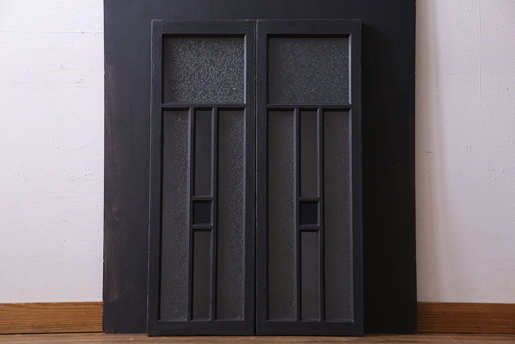 ペイント家具　色ガラスがアクセントのモダンなフィックス窓(はめ殺し窓、明かり取り、明り取り)2枚セット