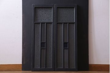 ペイント家具　色ガラスがアクセントのモダンなフィックス窓(はめ殺し窓、明かり取り、明り取り)2枚セット