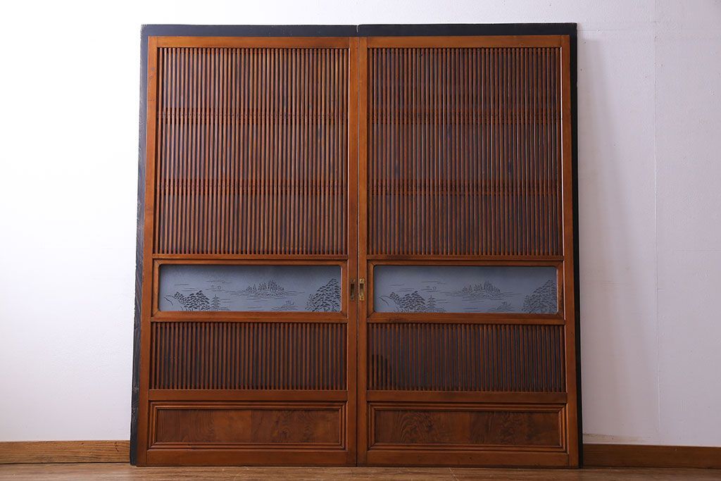 和製アンティーク　明るい木肌が印象的な裏ガラス入り格子戸(引き戸、建具)2枚セット