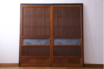 和製アンティーク　明るい木肌が印象的な裏ガラス入り格子戸(引き戸、建具)2枚セット