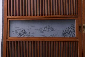 和製アンティーク　明るい木肌が印象的な裏ガラス入り格子戸(引き戸、建具)2枚セット