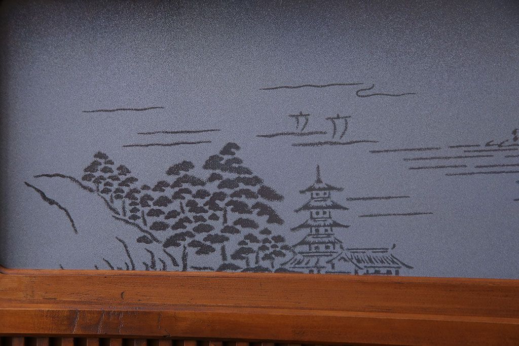 和製アンティーク　明るい木肌が印象的な裏ガラス入り格子戸(引き戸、建具)2枚セット