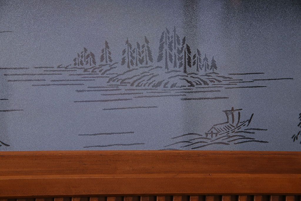 和製アンティーク　明るい木肌が印象的な裏ガラス入り格子戸(引き戸、建具)2枚セット