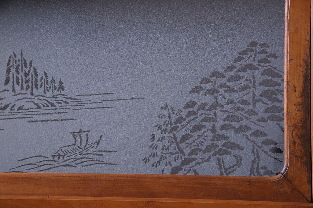 和製アンティーク　明るい木肌が印象的な裏ガラス入り格子戸(引き戸、建具)2枚セット