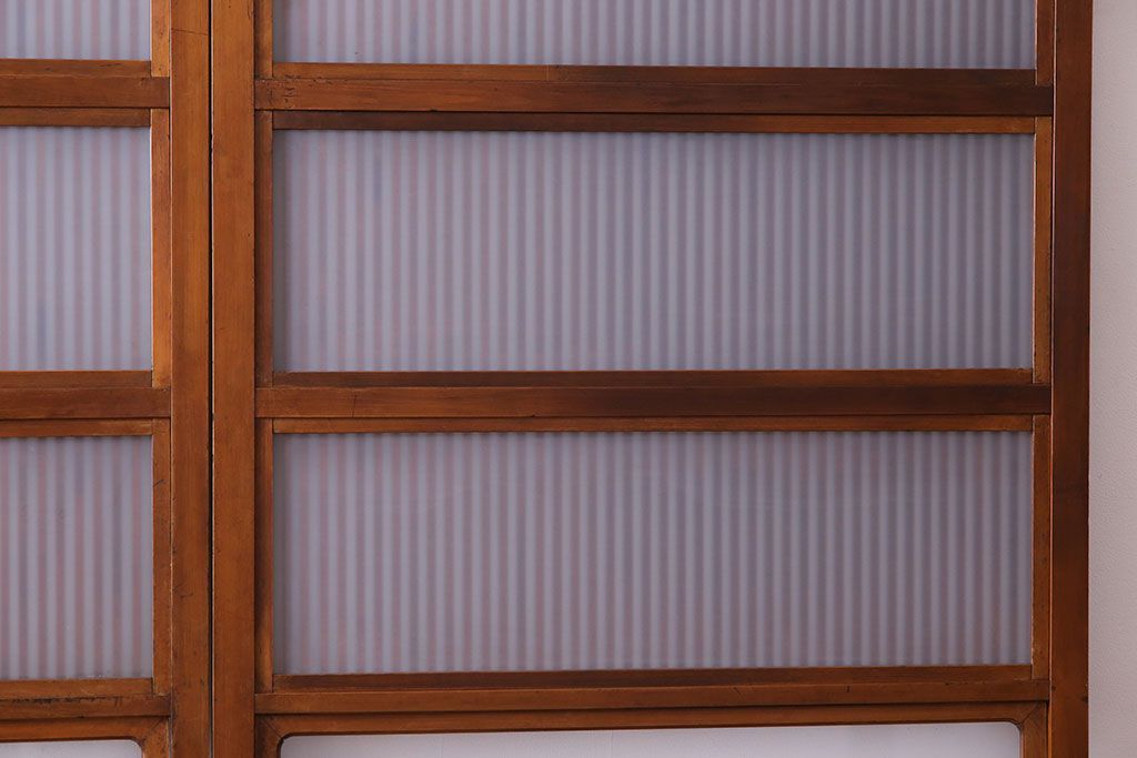 和製アンティーク　明るい木肌が印象的な裏ガラス入り格子戸(引き戸、建具)2枚セット