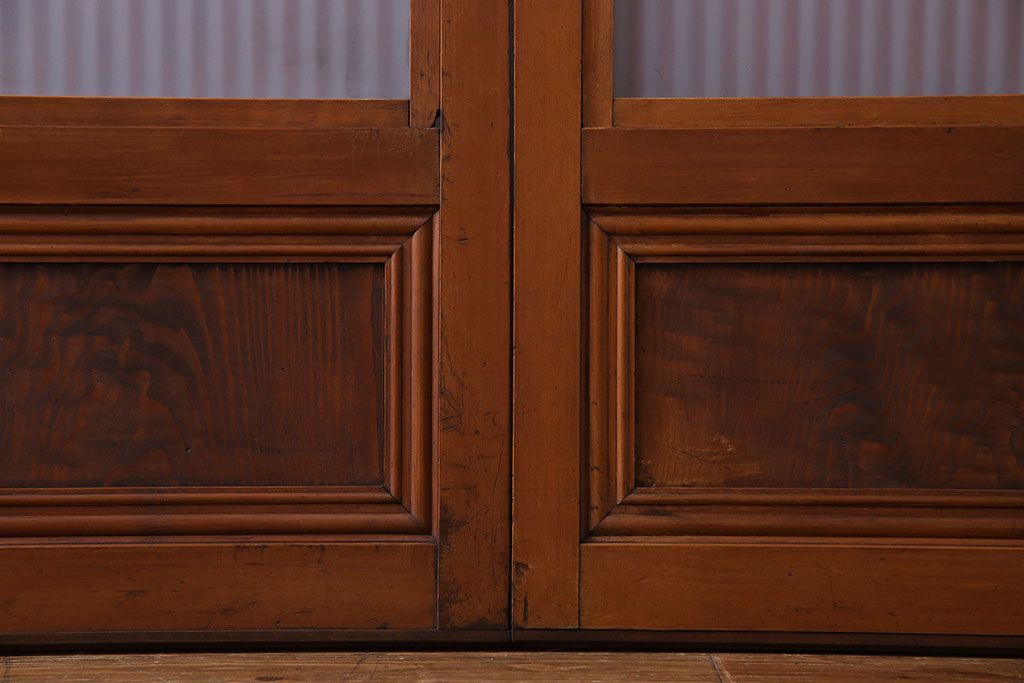 和製アンティーク　明るい木肌が印象的な裏ガラス入り格子戸(引き戸、建具)2枚セット