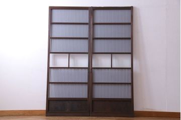 和製アンティーク　シンプルなデザインが魅力的な細身の格子戸(引き戸、建具)2枚セット