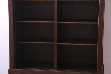中古　民芸家具　国産　無垢栗材　格子の扉が印象的な本箱(食器棚、水屋箪笥)