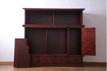 【T様ご成約】中古　岩谷堂箪笥　赤みがかった木肌が存在感を放つ大型2段重ね収納棚(キャビネット)(定価約54万円)