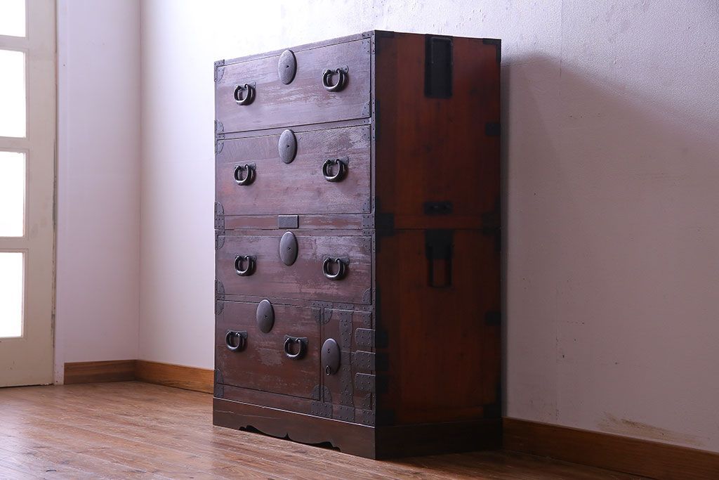 アンティーク家具　和製アンティーク　明治大正期の味わい深い二段重ねチェスト(重ね箪笥、時代箪笥、衣装箪笥)