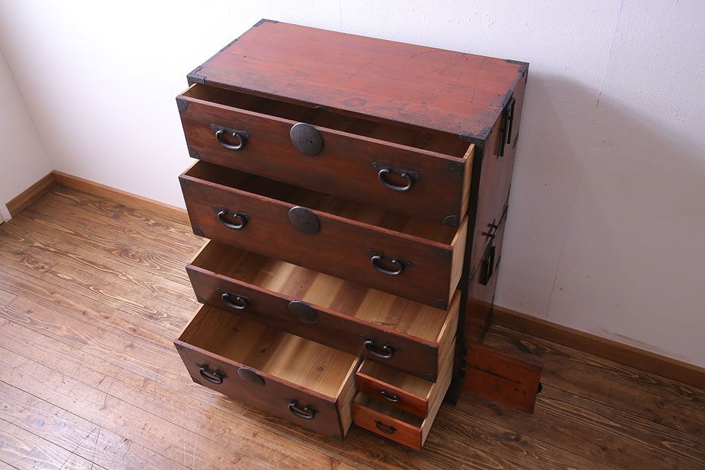 アンティーク家具　和製アンティーク　明治大正期の味わい深い二段重ねチェスト(重ね箪笥、時代箪笥、衣装箪笥)