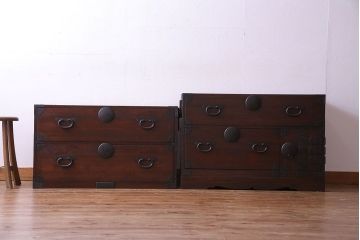 アンティーク家具　和製アンティーク　明治大正期の味わい深い二段重ねチェスト(重ね箪笥、時代箪笥、衣装箪笥)