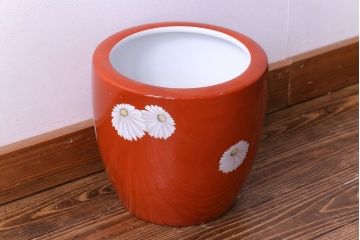 アンティーク雑貨　オールドノリタケ(日陶)　朱色地白菊文様　レトロな壱型火鉢(手あぶり、鉢カバー)(2)