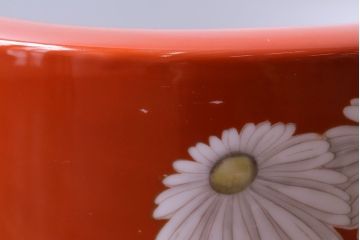 アンティーク雑貨　オールドノリタケ(日陶)　朱色地白菊文様　レトロな壱型火鉢(手あぶり、鉢カバー)(2)