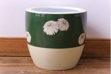 アンティーク雑貨　オールドノリタケ(日陶)　緑地　白菊文様　バイカラーがおしゃれな壱型火鉢(手あぶり、鉢カバー)