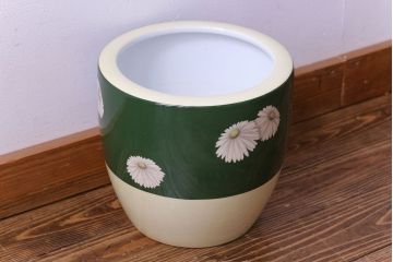 アンティーク雑貨　オールドノリタケ(日陶)　緑地　白菊文様　バイカラーがおしゃれな壱型火鉢(手あぶり、鉢カバー)