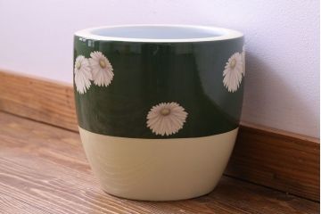 アンティーク雑貨　オールドノリタケ(日陶)　緑地　白菊文様　バイカラーがおしゃれな壱型火鉢(手あぶり、鉢カバー)