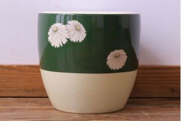 アンティーク雑貨　オールドノリタケ(日陶)　緑地　白菊文様　バイカラーがおしゃれな壱型火鉢(手あぶり、鉢カバー)