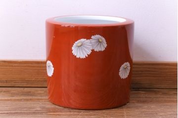 アンティーク雑貨　ノリタケ・則武(日陶)　朱色地白菊文様　レトロな参型火鉢(手あぶり、鉢カバー)