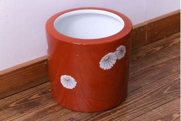 アンティーク雑貨　ノリタケ・則武(日陶)　朱色地白菊文様　レトロな参型火鉢(手あぶり、鉢カバー)