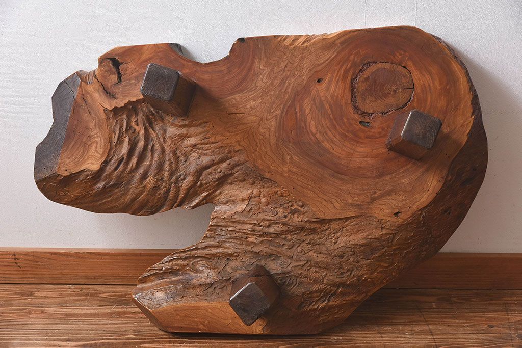 アンティーク家具　1970年頃　総ケヤキ材　天板の形が印象的なセンターテーブル(座卓)