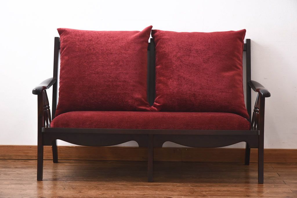 中古　北海道民芸家具　ラフジュオリジナルクッション付きラブソファ(二人掛けソファ)