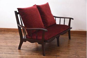 中古　北海道民芸家具　ラフジュオリジナルクッション付きラブソファ(二人掛けソファ)