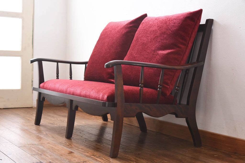 中古　北海道民芸家具　ラフジュオリジナルクッション付きラブソファ(二人掛けソファ)