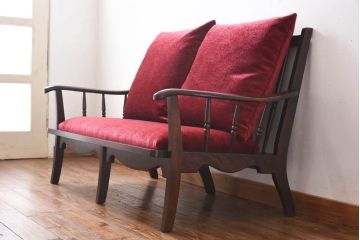 中古　北海道民芸家具　ラフジュオリジナルクッション付きラブソファ(二人掛けソファ)