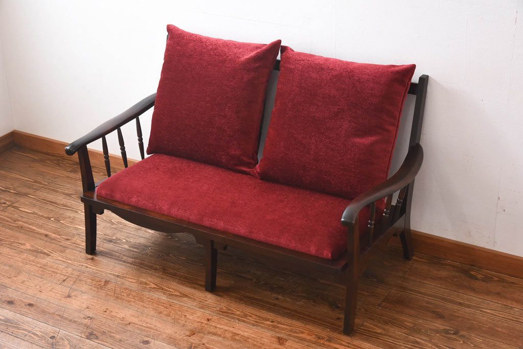 中古　北海道民芸家具　ラフジュオリジナルクッション付きラブソファ(二人掛けソファ)