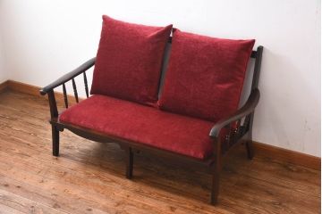 中古　北海道民芸家具　ラフジュオリジナルクッション付きラブソファ(二人掛けソファ)