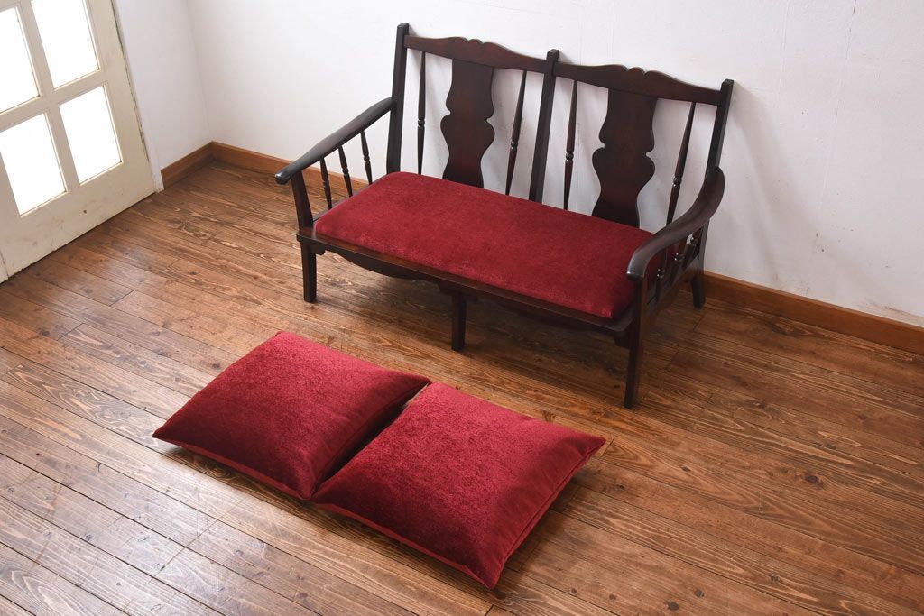 中古　北海道民芸家具　ラフジュオリジナルクッション付きラブソファ(二人掛けソファ)