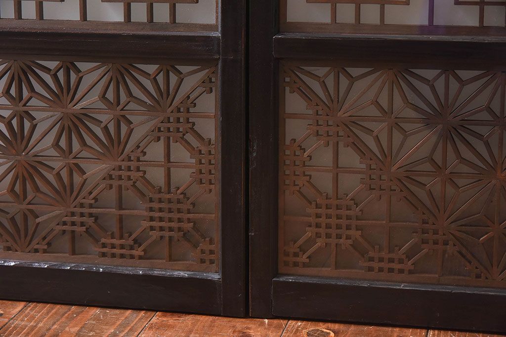 和製アンティーク　和モダンな雰囲気漂う組子ガラス戸(引き戸、建具)2枚セット