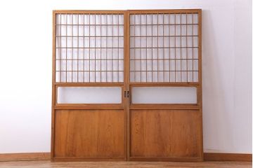 人気のダイヤガラスを入れてリメイクした昭和レトロなガラス障子戸(格子戸、引き戸)2枚組